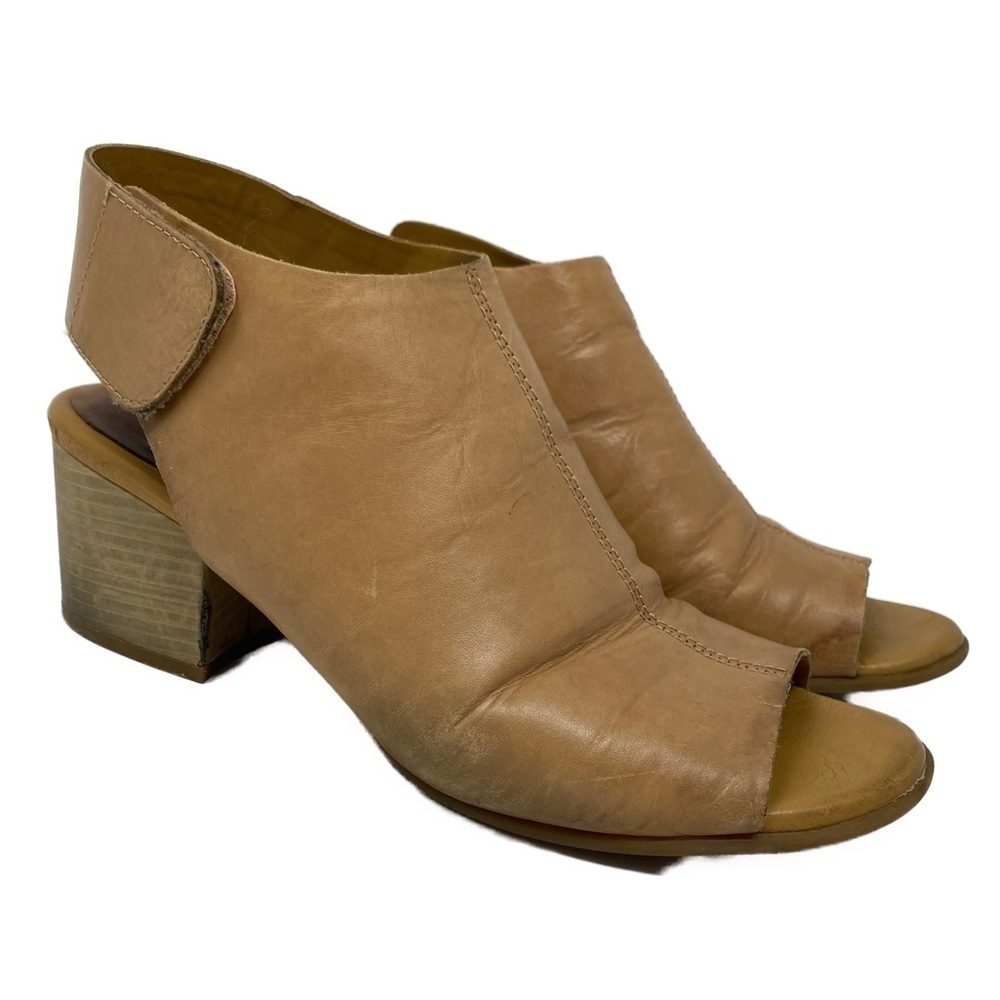 Korks by KORK-EASE Sz 9 Leather Sling Back Open Toe Shoes Tan Block Heel